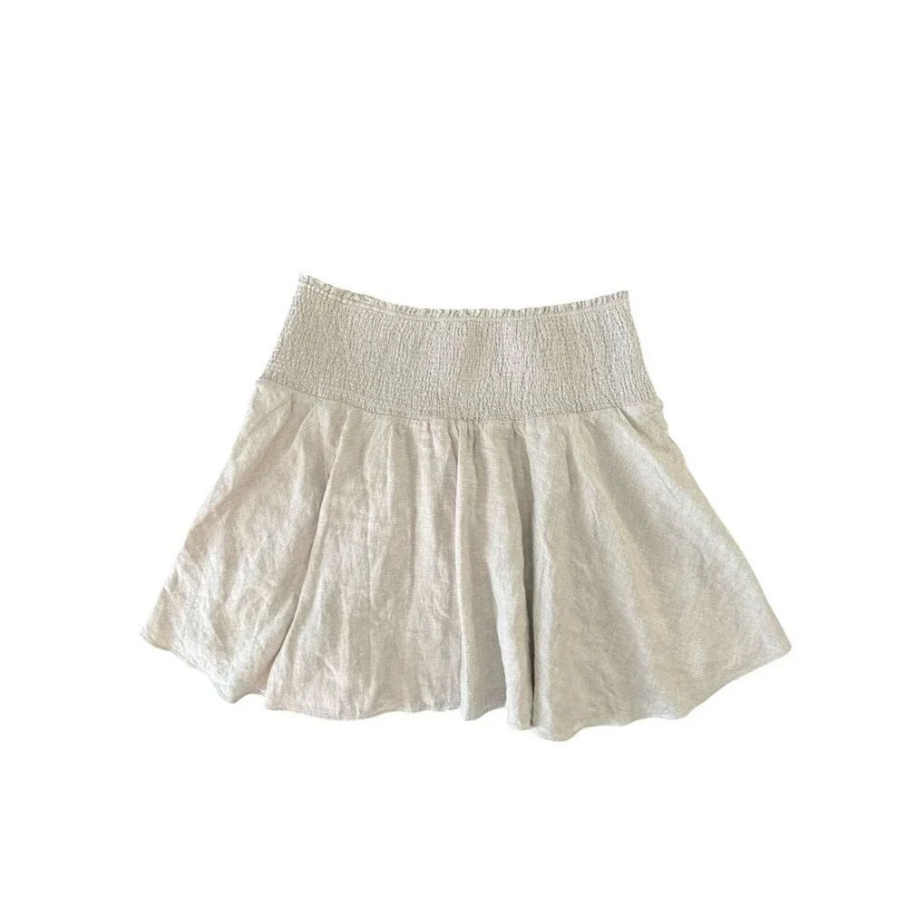 J.Crew Linen Smocked Mini Skirt XXL Beige Flowy Boho Cottagecore Lined